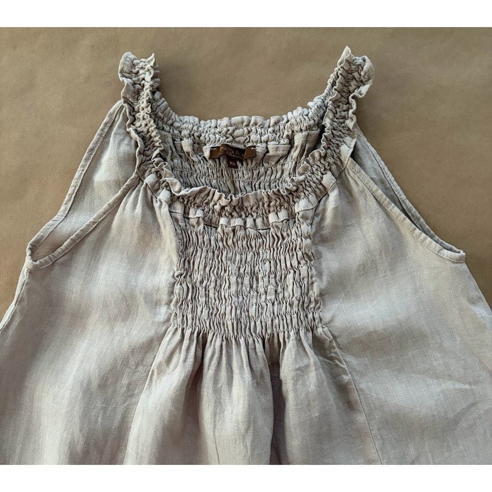 Piazza Roma Womens Linen Smocked Ruffle Top Beige XS Italy Lagenlook Minimalist - Picture 2 of 7